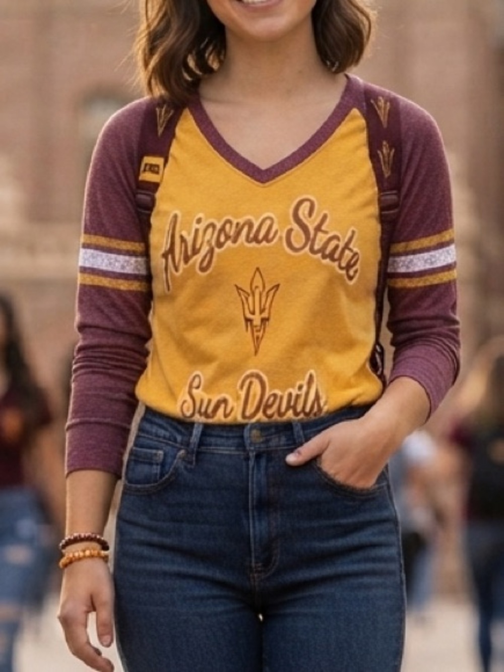 Champion Arizona State Sun Devils Women's Gold and Maroon Jersey Long Sleeve Top